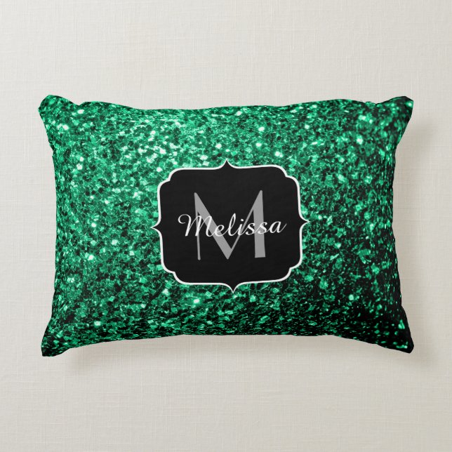 Emerald Green Imitats Glitzer Glitzern Monogram Dekokissen (Vorderseite)