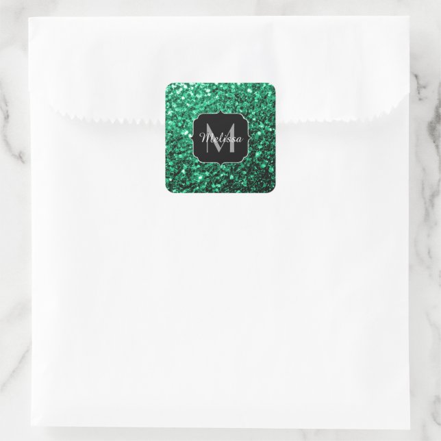Emerald Green Imitats Glitzer Glitzern Monogram Quadratischer Aufkleber (Tasche)