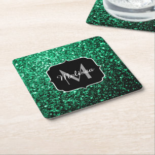Emerald Green Imitats Glitzer Glitzern Monogram Rechteckiger Pappuntersetzer