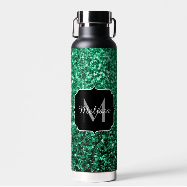 Emerald Green Imitats Glitzer Glitzern Monogram Trinkflasche (Vorne)