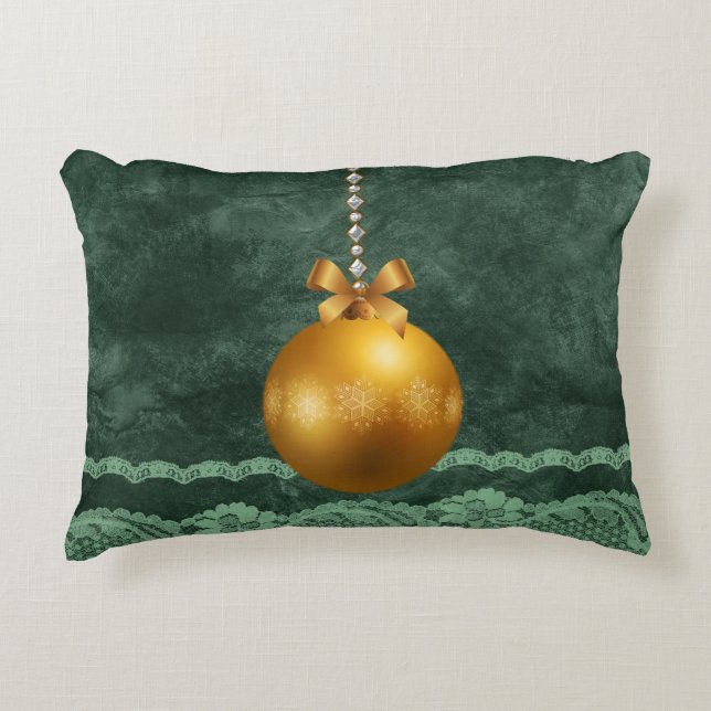 Emerald Green Imitats Spitzen Border Gold Ornament Zierkissen (Vorderseite)