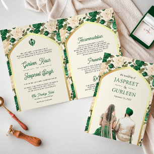 Emerald Green Ivory Floral All in One Sikh Wedding Einladung