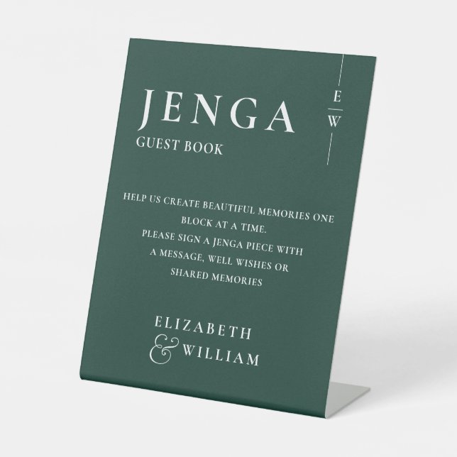 Emerald Green Jenga Gästebuch Minimalistisch Moder Sockelschild (Vorderseite)