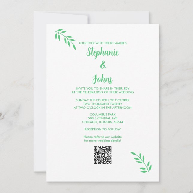 Emerald Green Leaf Script White QR Code Hochzeit Einladung (Vorderseite)