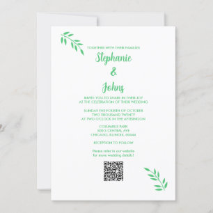 Emerald Green Leaf Script White QR Code Hochzeit Einladung