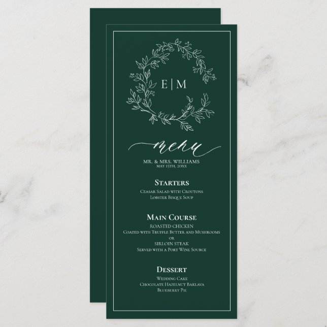 Emerald Green Leafy Crest Monogram Menu Mariage (Devant / Derrière)