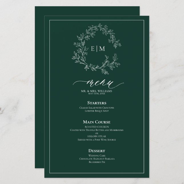 Emerald Green Leafy Crest Monogram Menu Mariage (Devant / Derrière)