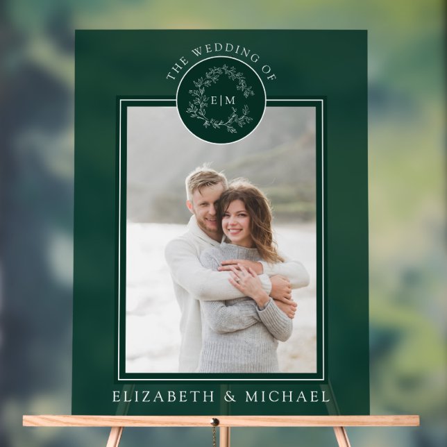 Emerald Green Leafy Crest Monogramme Mariage photo (Neutre)