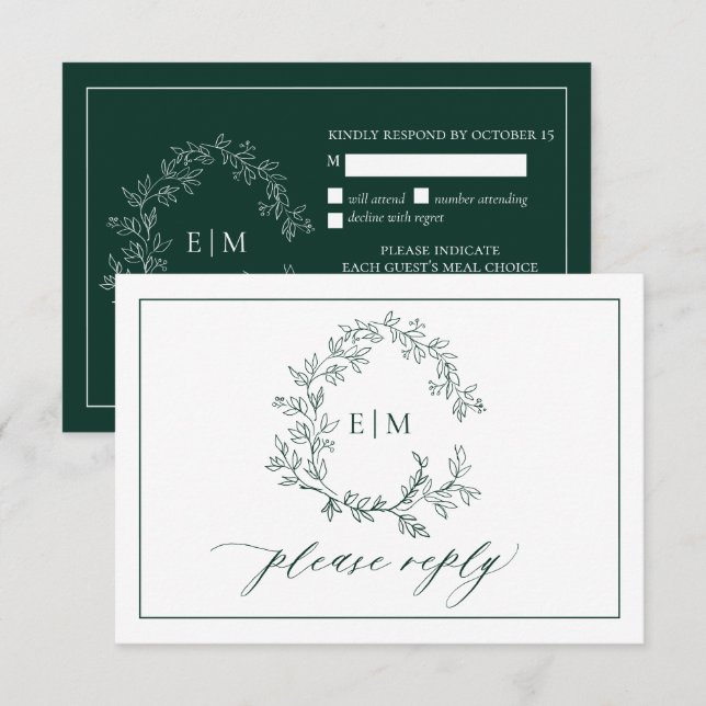 Emerald Green Leafy Crest Monogramme Mariage RSVP (Devant / Derrière)