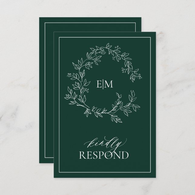 Emerald Green Leafy Crest Monogramme Mariage RSVP (Devant / Derrière)