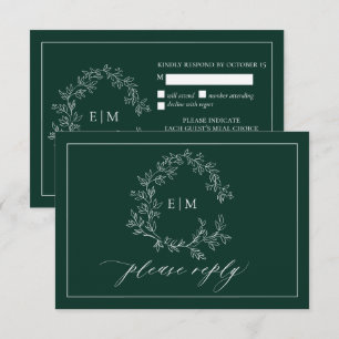 Emerald Green Leafy Crest Monogramme Mariage RSVP