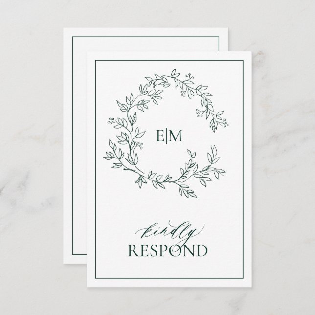 Emerald Green Leafy Crest Monogramme Mariage RSVP (Devant / Derrière)