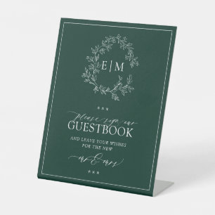 Emerald Green Leafy Monogram Wedding Guestbook Sockelschild