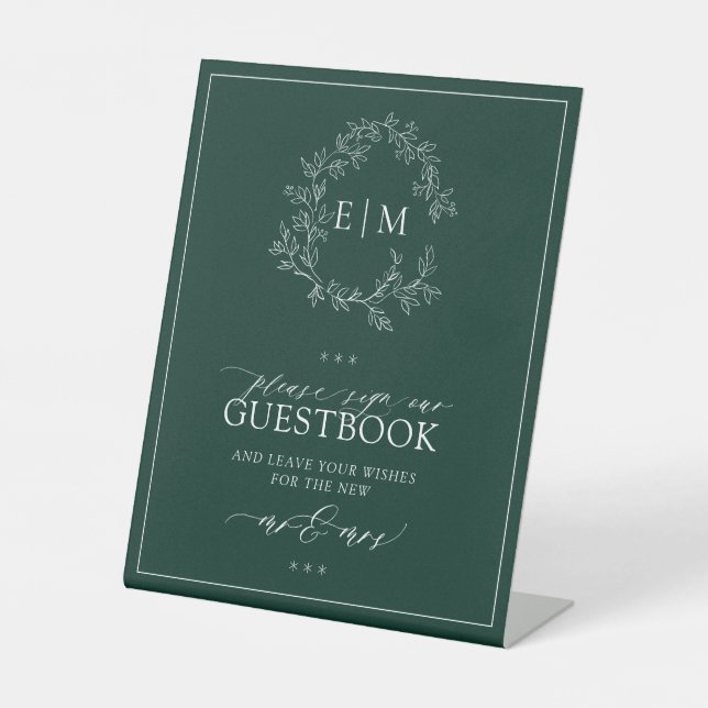 Emerald Green Leafy Monogram Wedding Guestbook Sockelschild (Vorderseite)