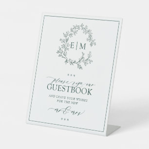 Emerald Green Leafy Monogram Wedding Guestbook Sockelschild
