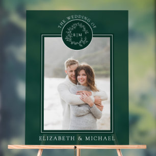 Emerald Green Leafy Wappen Monogram Foto Wedding Acrylschild