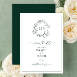 Emerald Green Leafy Wappen Monogram Save the Date Einladung