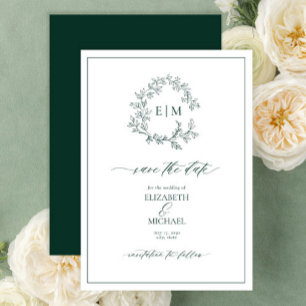 Emerald Green Leafy Wappen Monogram Save the Date Einladung