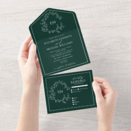 Emerald Green Leafy Wappen Monogram Wedding All In One Einladung