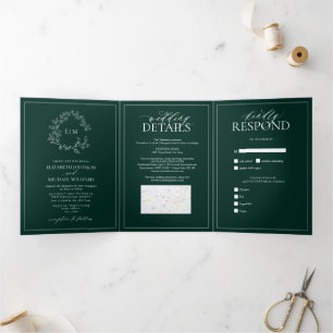 Emerald Green Leafy Wappen Monogram Wedding Dreifach Gefaltete Einladung