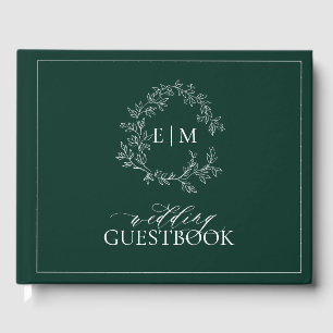 Emerald Green Leafy Wappen Monogram Wedding Gästebuch