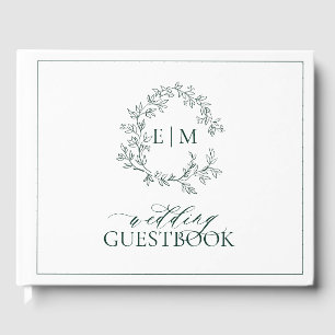 Emerald Green Leafy Wappen Monogram Wedding Gästebuch