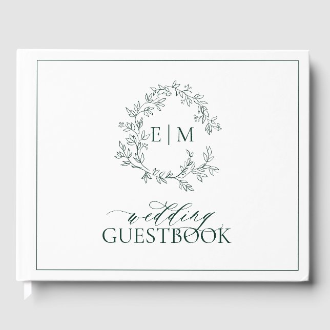 Emerald Green Leafy Wappen Monogram Wedding Gästebuch (Vorderseite)