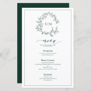 Emerald Green Leafy Wappen Monogram Wedding Menu