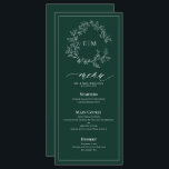 Emerald Green Leafy Wappen Monogram Wedding Menu Menükarte<br><div class="desc">Erschaffen Sie den perfekten Empfang! Wir lieben dieses trendige, moderne smaragdgrüne 4"x 9" Hochzeitsmenü! Es ist einfach, elegant und so hübsch, mit einem handgezeichneten, grünen Kranz umgeben von einem modernen Hochzeitsmonogramm. Es ist in eleganter Typografie personalisiert und mit handgeschriebener Kalligrafie akzentuiert. Schließlich ist es in einem zarten Rahmen bestickt. Suite...</div>