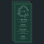 Emerald Green Leafy Wappen Monogram Wedding Menu Menükarte<br><div class="desc">Erschaffen Sie den perfekten Empfang! Wir lieben dieses trendige, moderne smaragdgrüne 4"x 9" Hochzeitsmenü! Es ist einfach, elegant und so hübsch, mit einem handgezeichneten, grünen Kranz umgeben von einem modernen Hochzeitsmonogramm. Es ist in eleganter Typografie personalisiert und mit handgeschriebener Kalligrafie akzentuiert. Schließlich ist es in einem zarten Rahmen bestickt. Suite...</div>