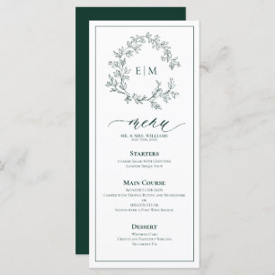 Emerald Green Leafy Wappen Monogram Wedding Menu Menükarte