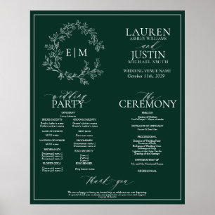 Emerald Green Leafy Wappen Monogram Wedding Progra Poster