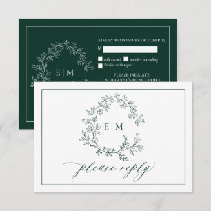Emerald Green Leafy Wappen Monogram Wedding RSVP