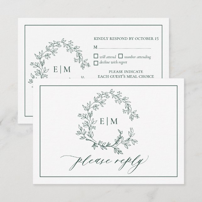 Emerald Green Leafy Wappen Monogram Wedding RSVP (Vorne/Hinten)