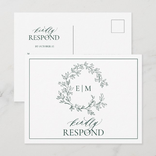 Emerald Green Leafy Wappen Monogram Wedding RSVP Einladungspostkarte (Vorne/Hinten)