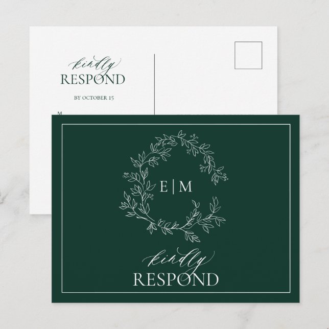 Emerald Green Leafy Wappen Monogram Wedding RSVP Einladungspostkarte (Vorne/Hinten)