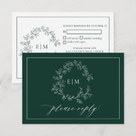 Emerald Green Leafy Wappen Monogram Wedding RSVP Karte
