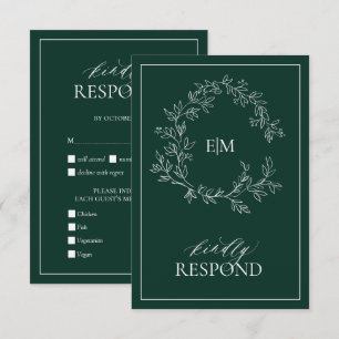 Emerald Green Leafy Wappen Monogram Wedding RSVP Karte