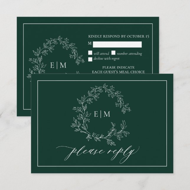 Emerald Green Leafy Wappen Monogram Wedding RSVP Karte (Vorne/Hinten)