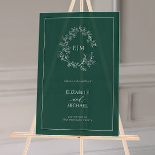Emerald Green Leafy Wappen Monogram Welcome Weddin Acrylschild