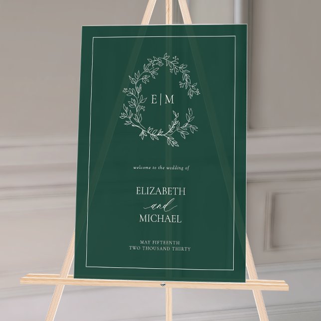 Emerald Green Leafy Wappen Monogram Welcome Weddin Acrylschild (Wedding Welcome Sign!)