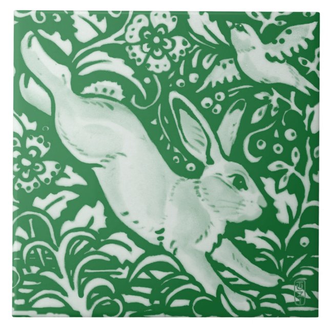 Emerald Green Leaping Rabbit Bunny Floral Garden  Fliese (Vorderseite)