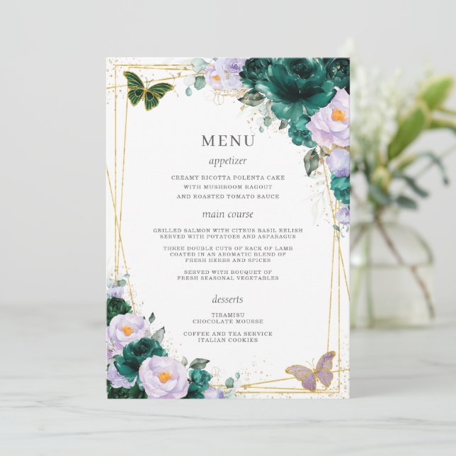 Emerald Green Lilac Floral Butterfliegen Quinceane Programm (Stehend Vorderseite)