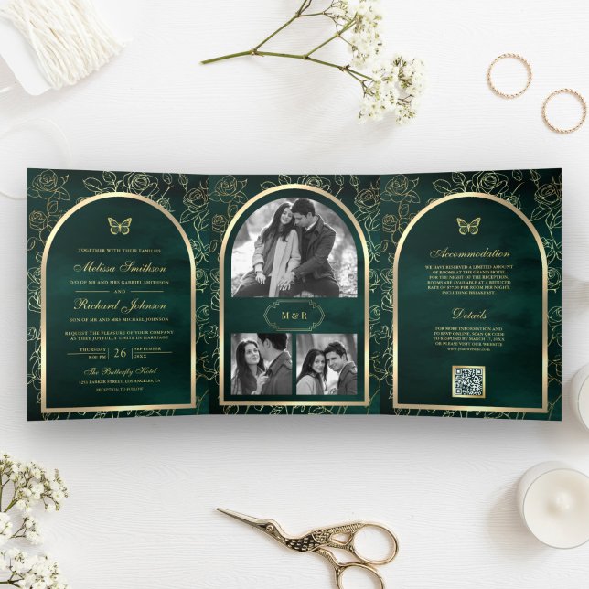 Emerald Green Line Art Gold Arch Butterfly Hochzei Dreifach Gefaltete Einladung (Von Creator hochgeladen)