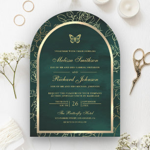 Emerald Green Line Art Gold Arch Butterfly Hochzei Einladung