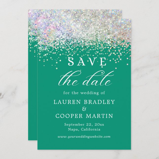 Emerald Green Luxury Glitzer Wedding Save the Date (Vorne/Hinten)