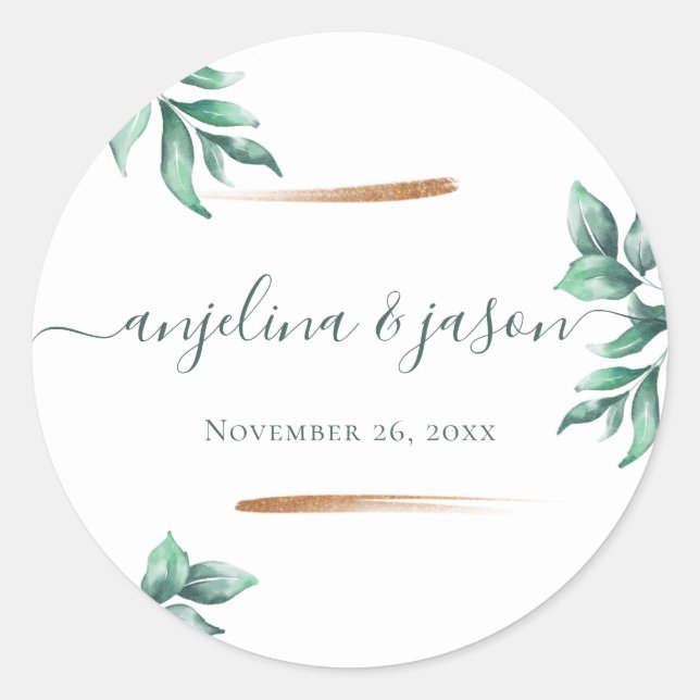 Emerald Green Marble & Gold Eucalyptus Wedding Runder Aufkleber (Vorderseite)