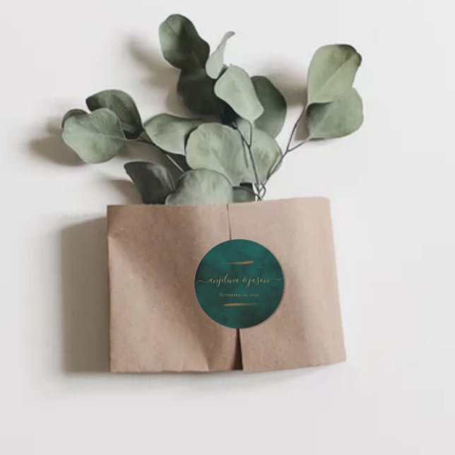 Emerald Green Marble & Gold Eucalyptus Wedding Runder Aufkleber (Von Creator hochgeladen)