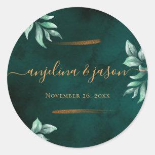 Emerald Green Marble & Gold Eucalyptus Wedding Runder Aufkleber