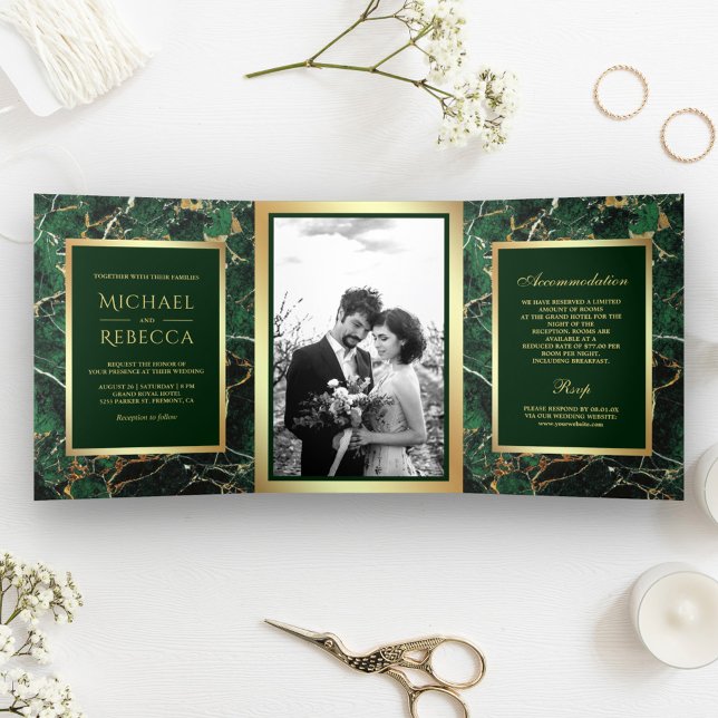 Emerald Green Marble Imitate Gold Foil Foto Hochze Dreifach Gefaltete Einladung (Von Creator hochgeladen)